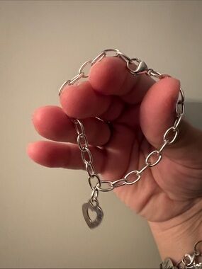 Italy Sterling Silver Heart Charm Chain Bracelet - 6.5” Women Jewelry